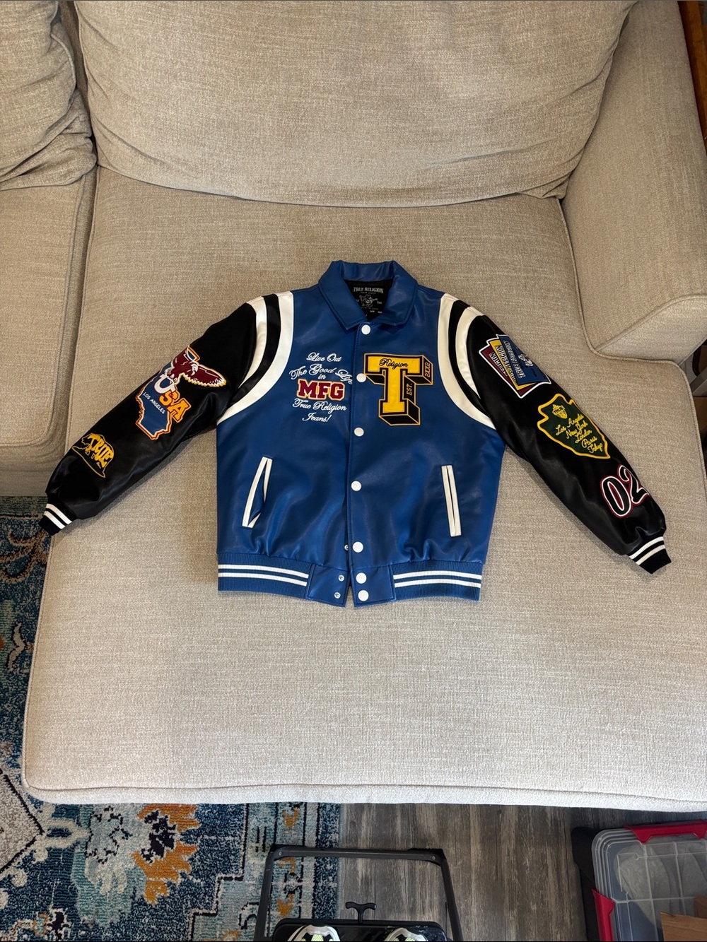 True Religion Blue and Black Varsity Patch Bomber Jacket